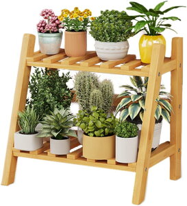 竹製 フラワースタンド 室内 屋外 2段 3段 4段 園芸ラック 花棚 花置き棚 おしゃれ 飾り 耐久性 丈夫 軽量 プランタースタンド 鉢植え 観葉植物 棚 植木鉢台 (ナチュラル 2段-50cm)