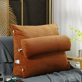 無地 腰枕 60*50*22cm 三角形 ベッドクッション 腰保護 一人暮らし用クッション ネック枕 ソファー 背もたれ付きクッション ブラウン 大きい 背もたれクッション 取付バンド カバー洗える