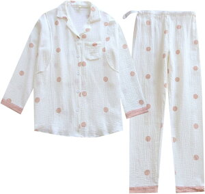 マタニティ パジャマ 春秋 レディース 妊婦 ルームウェア 長袖 ダブルガーゼ 授乳服 授乳口付き 可愛い 水玉柄 春服 前開き 便利服 2点セット 調整可ウエスト キレイめ 部屋着 通気保温 産前