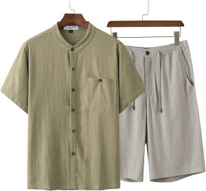 セットアップ メンズ 上下2点セット M-5XL 半袖 ショート丈 シャツの襟 ティシャツ 亜麻 トップス 大きいサイズ 部屋着 Tシャツ 夏服 男性用 部屋着 ショートパンツ カーディガン スーツ