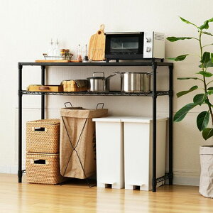 ドウシシャルミナスノワールキッチンラック棚幅1102段スリムゴミ箱上ラック全体耐荷重160kg大型レンジ対応レンジ台炊飯器作業台オシャレな黒コの字バーソリッドシェルフ幅111x奥行41x高…