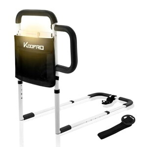 KOOPRO2025年新登場人感センサーライト付きベッドガードダブル手すり5段長さ4段高さ調節可能転落防止柵立ち上がり補助器具ベルト小物整理バッグ付き安定性丈夫大人高齢者介護用組立簡単…