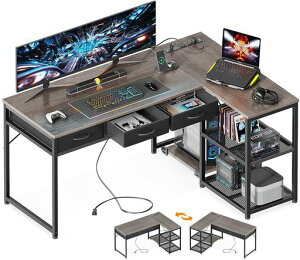 ODKゲーミングデスク引き出し3杯パソコンデスクコンセント付きl字デスクデスク机幅135pcデスク棚付き収納deskオフィスデスク在宅勤務仕事用組立簡単グレー