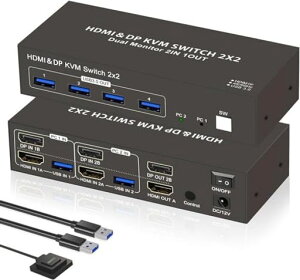 �yHDMI Displayport �����o�́zKVM �ؑ֊� �f���A�����j�^�[ �X�C�b�` 2�f�X�N�g�b�vPC ���� 4K 60Hz USB3.0 4�� �L�[�{�[�h �}�E�X ���L �������͑��u �ؑ� ���f�B�X�v���C �����\�� �E�� �e�����[�N�c