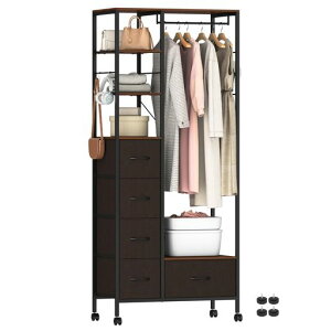 LunarLightハンガーラックワードローブ引き出し付き大容量頑丈全体耐荷重200kgキャスター付き棚板可動式収納付き洋服収納パイプハンガー洋服掛け衣類衣装クローゼットサイズ幅80奥行40高…