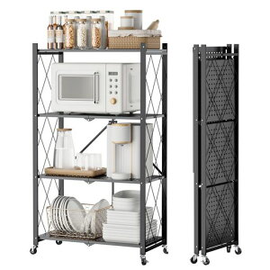 DEWEL折り畳みラック折りたたみ式スチールラックメタルラック4層幅71CM360°キャスター付きラック収納ラック収納棚オープンラック移動便利防サビ加工組立簡単レンジ台食器棚寝室書斎応接間
