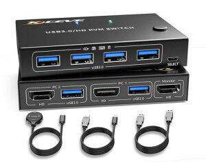 ANXQQ4K@60HzKVMスイッチ、HDMIセレクター、パソコン2台モニター1台切り替え、3つのUSB3.0デバイスを共有、簡単な接続、有線リモコン付き