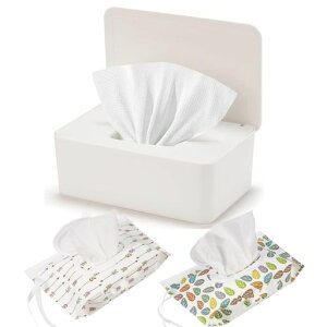 ワイプディスペンサーホワイト、再利用可能、流せるワイプホルダーセット、詰め替え可能なポータブルワイプバッグ2個付き、ベビー、大人のバスルーム用、蓋付きワイプコンテナでワ…