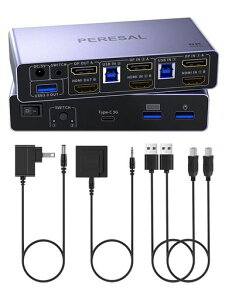 PERESALHDMI2.1+DP1.4KVM�X�B�b�`8k60Hz�E4k120Hz�A���j�^�[2��E�R���s���[�^�[2��A�}�E�X�ƃL�[�{�[�h�̋��L�AUSB�������[�A�v�����^�[�AUSB3.0�|�[�g3�EUSB-C/Type-c�|�[�g1�E5Gbps