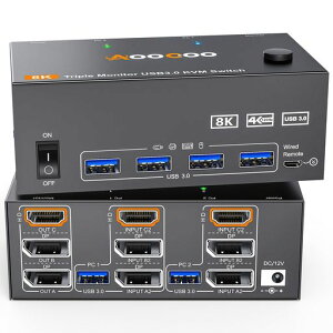 8K KVM�ؑ֊� 2PC 3���j�^�[�A�~���[/�g�����[�h HDMI + DP�|�[�g (8K@30Hz/4k@144Hz) USB3.0�|�[�g KVM Switch PC2��ƃf�B�X�v���C3��Ή� �L�[�{�[�h�A�}�E�X��2PC�ŋ��L �h���C�o�[�s�v