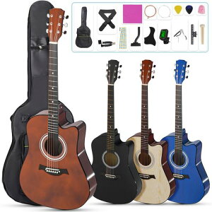 MoonRiverアコースティックギター38インチ初心者練習ギター17点セット初心者入門用持ち運び便利ギターストラップ、ソフトギターバッグ、マニュアル(日本語)付き学生大人通用(ブラウン)