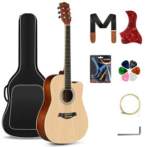 CAHAYAアコースティックギター初心者セット41インチアコギ木製スプルース材8点付属品ギグバッグ/ピック/替え弦/ストラップ付大人子供用練習用ナチュラル
