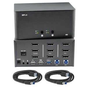 ByteccKVMスイッチ、モニター3台、コンピューター2台、2入力3出力、8kDisplayPortスイッチ、USB3.0ジャック、キーボードとマウスの共有セット、コンピューター2台用、Windows/Mac/Linux対応(トリプル…