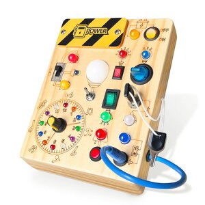 Iabediビジーボードモンテッソーリおもちゃ1~3歳用木製幼児感覚旅行おもちゃ1歳以上の男の子に最適なギフト(BusyBoardPlusV2)Mイエロー