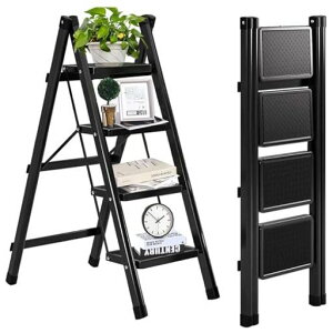 脚立折りたたみ4段はしご踏み台ステップスツール軽量滑り止めコンパクト多機能梯子家庭用完成品ブラック101x39cm