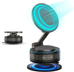 【2025最新車載ホルダー】強力マグネットスマホスタンドー360°回転・折りたたみ式(真空吸盤+N55強力磁気吸引)、防振車載スマホホルダー片手操作Magsafe対応、全てのスマートフォンに対応(i…