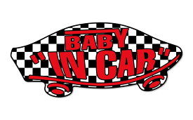 BABY IN CAR ステッカー 黒 × 白 チェック柄 赤ロゴ 赤ちゃんが乗ってます ベビーインカー スケボー 車 シール パロディ VANS風 SIZE：w150mm×h65mm