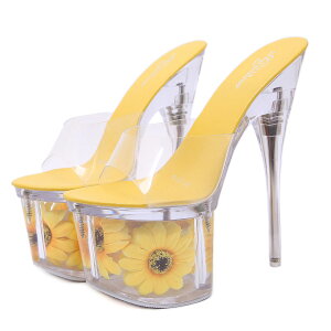 71055【23.0cm】厚底花フラワークリアサンダル☆黄色(イエロー)☆【23.0cm】【7105】【HEEL】【サンダル ヒール ミュール】【 キャバ サンダル 】【 キャバ ヒール 】【 キャバ ミュール 】