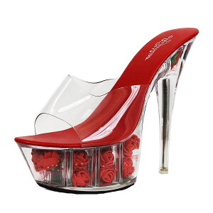 *72313【23.5cm】薔薇クリア厚底サンダル☆赤(レッド)☆【7231】【23.5cm】【HEEL】【 キャバサンダル 】【 キャバヒール 】【サンダル ヒール ミュール パンプス】【 キャバ サンダル 】【 キャ