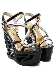 72642【22.5cm】バタフライゴールド流曲金具風サンダル☆黒(ブラック)☆【7264】【22.5cm】【HEEL】【 キャバサンダル 】【 キャバヒール 】【サンダル ヒール ミュール パンプス】【 キャバ サ