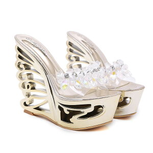 *72745【23.5cm】ビジュー&ストクリアバタフライサンダル☆金(ゴールド)☆【7274】【23.5cm】【HEEL】【 キャバサンダル 】【 キャバヒール 】【サンダル ヒール ミュール パンプス】【 キャバ