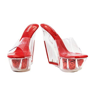 *72943【24.0cm】厚底クリアウェッジソール薔薇サンダル☆赤(レッド)☆【7294】【24.0cm】【HEEL】【 キャバサンダル 】【 キャバヒール 】【サンダル ヒール ミュール パンプス】【 キャバ サン