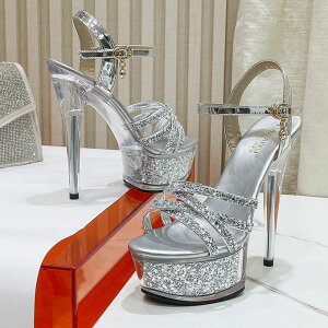 71281【24.0cm】ラメクリアーサンダル☆銀(シルバー)☆ストラップ付【7128】【HEEL】【 キャバサンダル 】【 キャバヒール 】【サンダル ヒール ミュール パンプス】【 キャバ サンダル 】【 キ