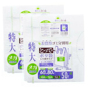 スリーキューブ レジ袋 特大 とって付 ゴミ分別用 ポリ袋 ホワイト 約40×70×マチ20cm 50枚入×2個パック 計100枚入 T 送料無料