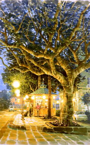 笹倉鉄平 「大きな木と小さなカフェ」 2003年 シルクスクリーン 額付版画作品