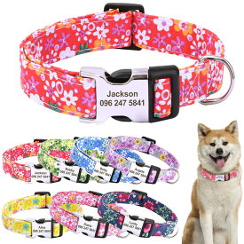 犬 名入り 首輪 おしゃれ 花柄プリント S M L【送料無料】7種のフラワー柄 軽い 軽量 優しい ワンタッチバックル かわいい ネームタグ 布製 痛くない 迷子札 名前入り ネーム入り 名入れ 小型犬 中型犬 大型犬 名札 電話番号入り