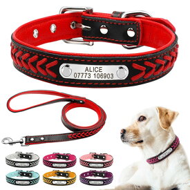 犬 名入り 首輪 リードセット PUレザー 編込み おしゃれ XS～X L【送料無料】7色 丈夫 フェイクレザーかわいい ネームタグ 痛くない 迷子札 名前入り ネーム入り 名入れ 小型犬 中型犬 大型犬 名札 電話番号入り