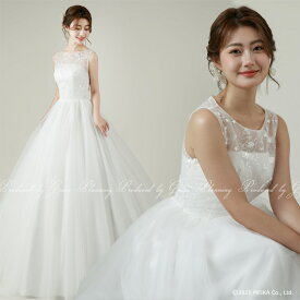 【即日発送】ウエディングドレス きれいめ ドレス ファスナー Aライン 透けるラウンドネック 刺繍が綺麗なノースリーブの ウェディングドレス 二次会 1.5次会 花嫁 ドレス フォトウェディング ロケーションフォト 100 gcd_7006