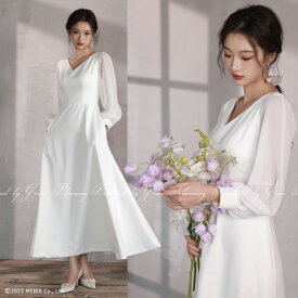 【即日発送】ウェディングドレス 軽やか ワンピース ゆったりと着用するイメージ 少し伸縮性あり 長袖 フォト婚 二次会 白 ウエディングドレス 小さめサイズ 大きめサイズ フォトウェディング 花嫁ドレス 前撮り 後撮り gcd_3007