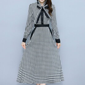 【今だけ25％OFFクーポン有】ワンピース ロング ミモレ丈 長袖 厚手 大きいサイズ 大人かわいい 美人 レディース 秋 冬 30代 40代 50代 ホワイト ブラック フレアワンピース ボウタイリボン ウエストマーク 幾何学模様 上品 きれいめ エレガント 高級感 可憐/[ers75]