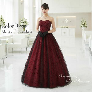 【NEW】カラードレス ロングドレス プリンセスライン(7号 9号 11号 13号/Sサイズ Mサイズ Lサイズ XLサイズ/ワインレッド×ブラック 赤×黒)ドット柄 水玉 演奏会 発表会 舞台衣装 ステージ衣装 二