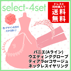 【ドレスと同時購入で送料無料】Aラインパニエとウェディンググローブとネックレスイヤリングセットとティアラorコサージュの4点セット2本ワイヤーパニエ、ウエディンググローブ、髪飾り、アクセサリー(select-a4set-t)