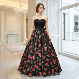 【サッシュリボンプレゼント】カラードレス ブラック 花柄 二次会用ドレス プリンセスライン(ブラック×レッド系小花/7号 9号 11号 13号 15号/S-M-L-LL-3Lサイズ)演奏会用ドレス パーティドレス 謝恩会 食事会 前撮り 後撮り ウエディングドレス(cd13050r-kobana)