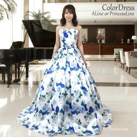 花柄カラードレス ロングドレス 演奏会用ドレス　(7号-9号-11号-13号/Sサイズ Mサイズ Lサイズ XLサイズ/ブルー/花柄)舞台衣装 ステージ衣装 ウェディングドレス プリンセスライン 結婚式 二次会 花嫁衣裳 花柄プリント生地（cd92102-t）