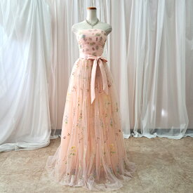 【訳あり】カラードレス 演奏会用ドレス 大人 ロングドレス ウエディング 二次会 結婚式 プリンセスライン( ピーチピンク 9号 Mサイズ)くすみカラー 花柄 刺繍 サッシュベルト付き 発表会 舞台衣装 ステージ衣装 (cd32150pp-nan-t)
