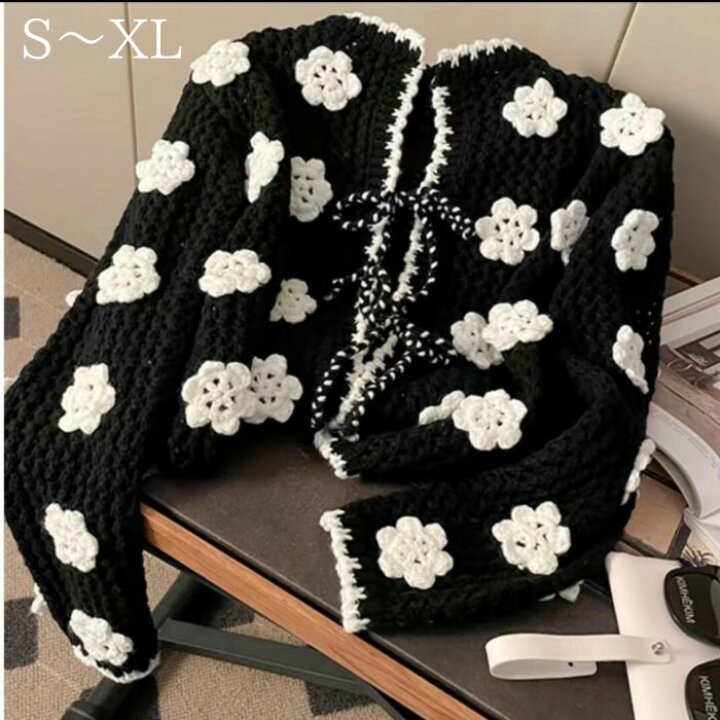 楽天市場】立体 フラワー かぎ針編み ショート ニットカーディガン  