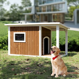 木製犬小屋 屋内用 無垢材アスファルト屋根犬小屋 大型ポーチ付き 小型犬から大型犬まで屋外パティオ用