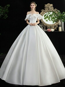 ウェディングドレス 花嫁 白ドレス プリンセスドレス 結婚式 二次会 ドレス エンパイアドレス レース サテン シンプル 光沢感 高級感 スタイリッシュ ロングドレス ロマンチック ウェディン