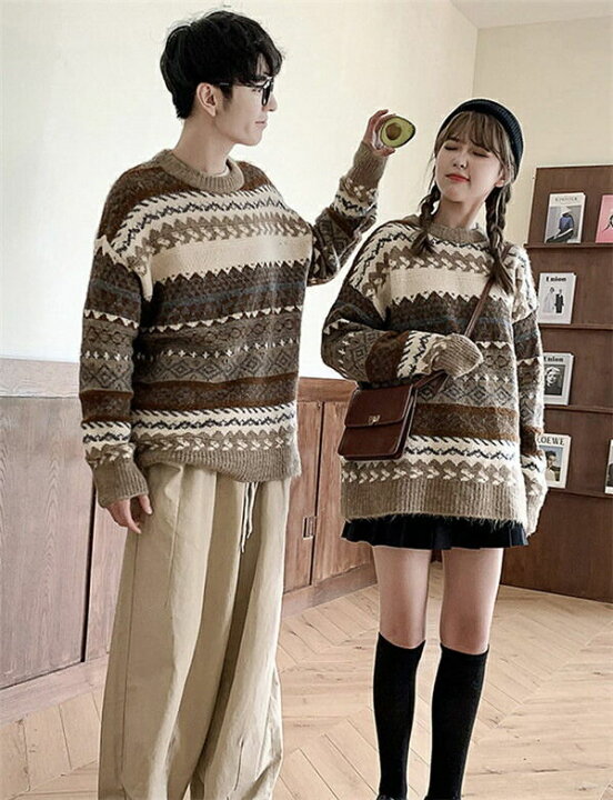 楽天市場 ペアルック カップル セーター クルーネック ニット モカ ペアセーター カップルウェア ご夫婦 カップルお揃いで 長袖 男女兼用 メンズ 秋冬 大きいサイズ ペアファッション 代 30代 厚手 秋冬 韓国 Dk024g4g4jc グレースショップ