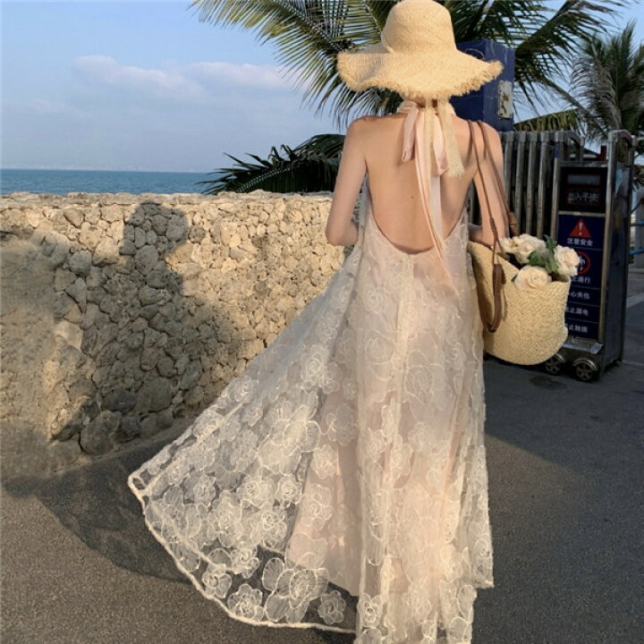 楽天市場】リゾートワンピース 背中開き 体型カバー 夏ワンピ ロング  