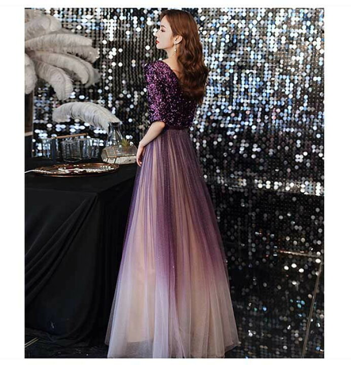 楽天市場】パーティードレス ロング丈 演奏会 五分袖 Vネック キラキラ  