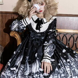 ゴシックロリータ ワンピース 黒 フリル 長袖 病みかわいい 膝丈 暗黒系 ロリータop プリンセスドレス Lolita ロリータ服 リボン コスチューム コスプレ衣装 文化祭 学園祭 イベント ロリータファション h1010lalajc