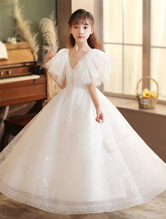 楽天市場】キッズドレス 白ドレス Vネック キラキラ ファスナー 五分袖  