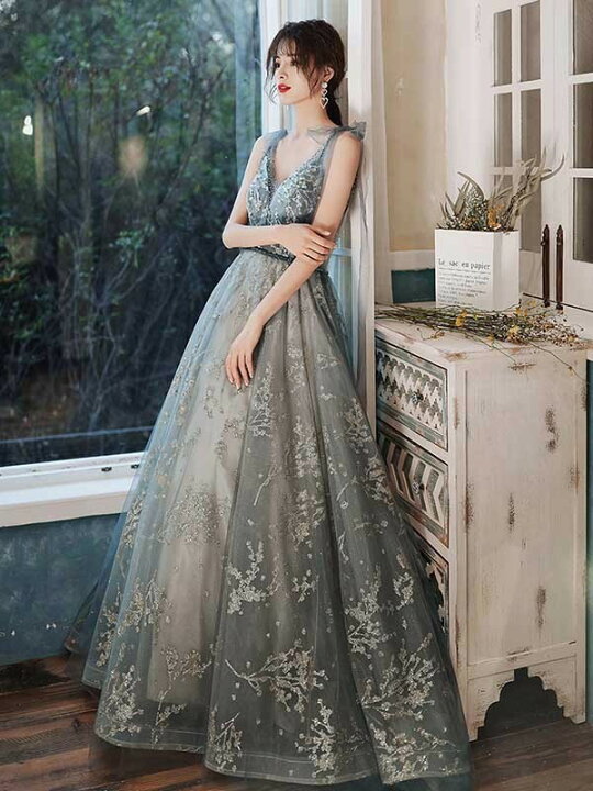 人気上昇！パーティードレス グレー 仰け反ら キャミソール Vネック  