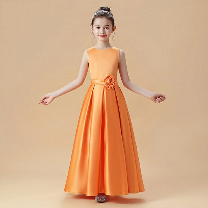 楽天市場 ピアノ発表会 ドレス 中学生 ワンピース ジュニアドレス 七五三 子供ドレス オレンジ キッズドレス 160 女の子 フラワーガール ノースリーブ Aライン 袖なし フォーマル用 タフタ素材 高級 ロングドレス プリンセスドレス 入園式 結婚式 七五三 お呼ばれ 卒業式