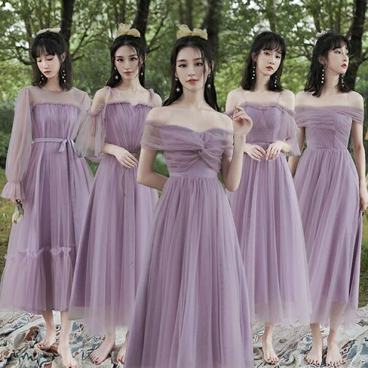 楽天市場 5タイプ ブライズメイドドレス パープル 花嫁 二次会 パーティードレス お呼ばれワンピース お呼ばれワンピース パーティドレス 2次会 お揃いドレス ミモレ丈ドレス フレア 結婚式 パーティー パープル オフショルダー キャミソール Da842s1s1zo グレースショップ